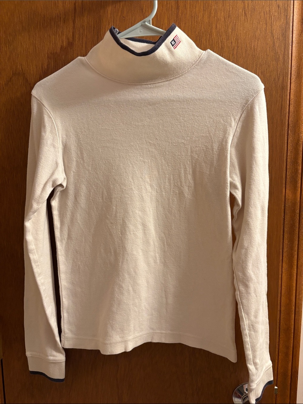 Vintage Polo Jeans Co Ralph Lauren Cream Mock Neck Knit Top Navy Trim USA Flag S
